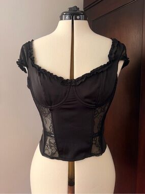 Black Lace Panel Corset-Style Bustier Top